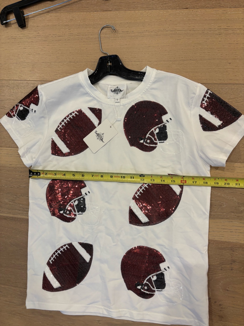 Belle Cher Women’s Sequin Football & Helmet Top Tee Small NWT white Maroon Red - Picture 6 of 7